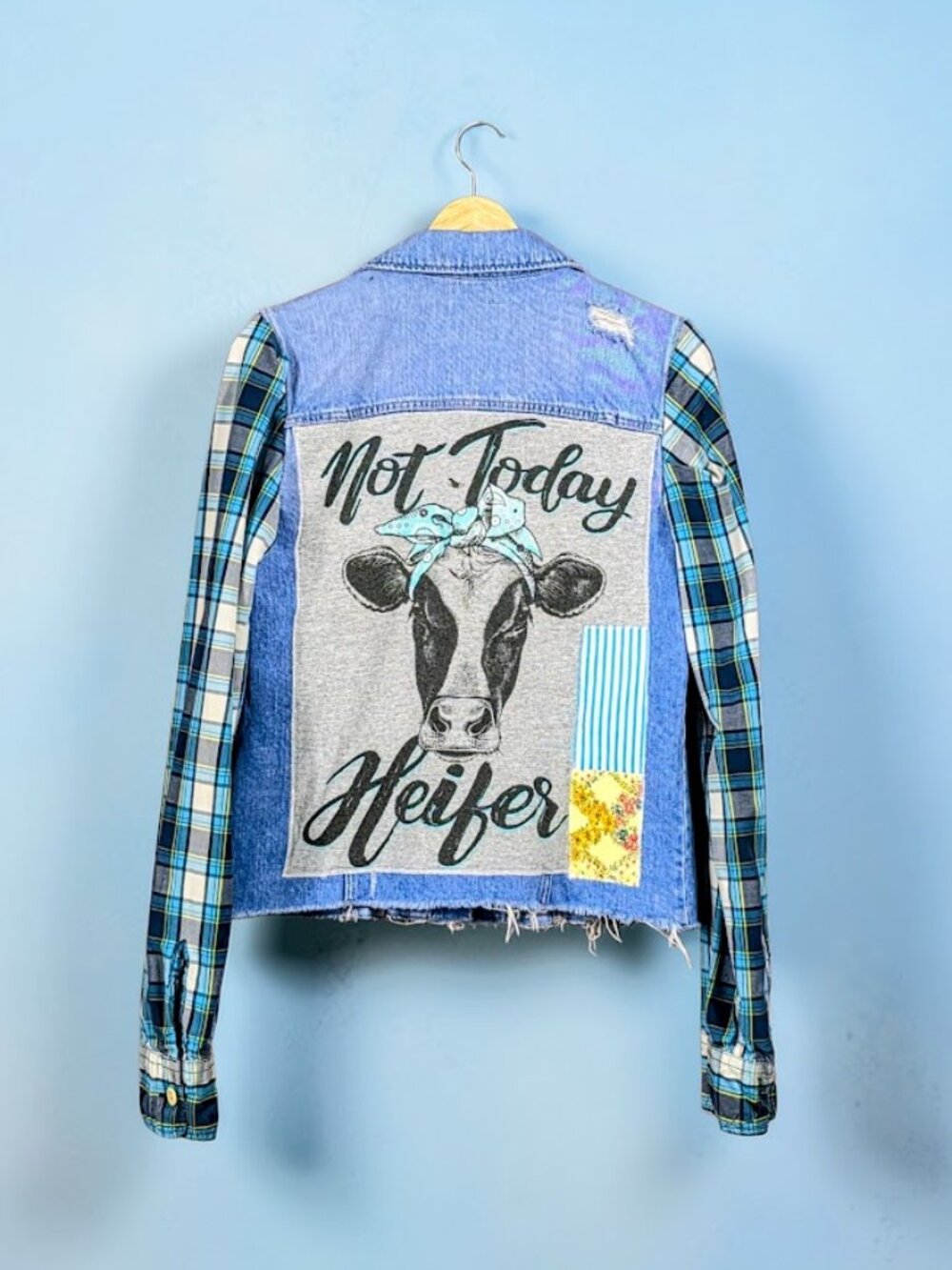 Upcycled Not Today Heifer Patchwork Plaid Denim Jacket M